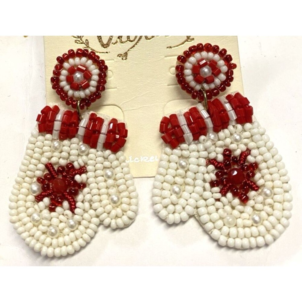 Beaded Earrings Winter Holiday Christmas Mittens White Red 2" x 1-1/4" New